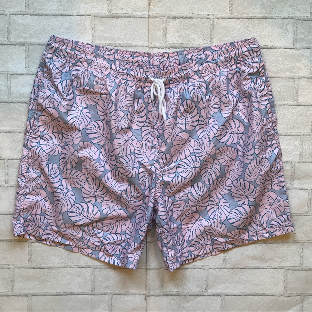 City Streets Men's XXL Pink & Blue Tropical Palm Leaf Swim Trunks Shorter Style